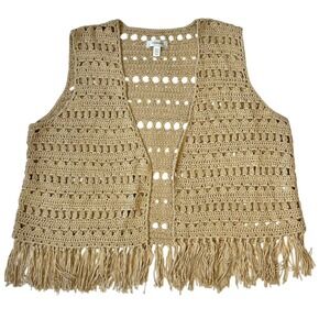 Crochet Fringed Vest Tan Womens 18/20 Cottagecore Granola Boho